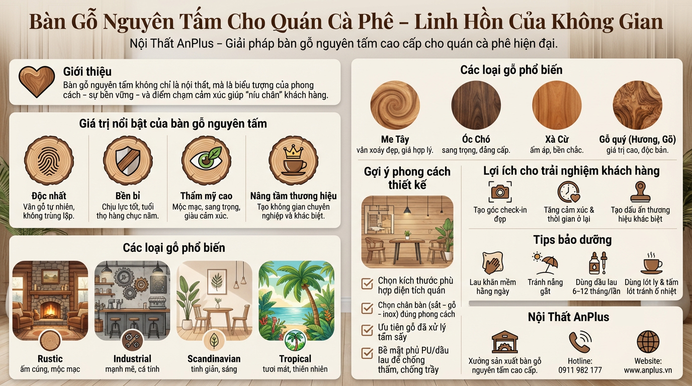 Bàn gỗ nguyên tấm cà phê sang trọng