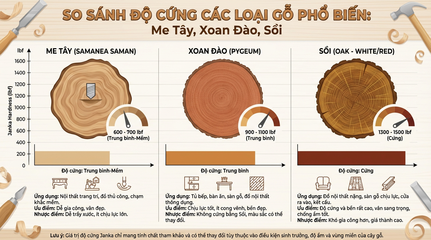 so sánh độ cứng các loại gỗ phổ biến Me Tây, Xoan Đào, Sồi so sánh độ cứng các loại gỗ phổ biến Me Tây, Xoan Đào, Sồi