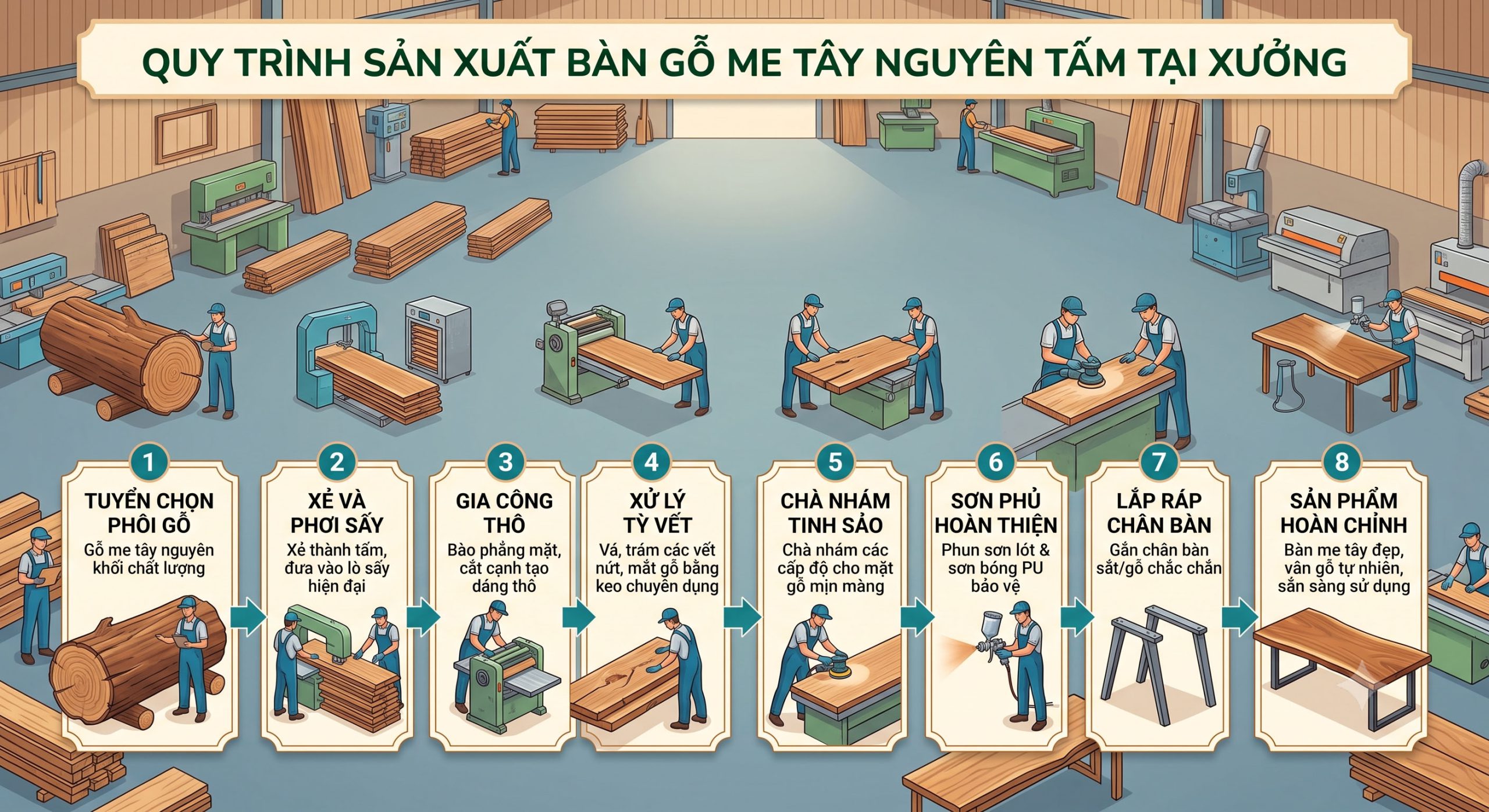 quy trình sản xuất bàn gỗ me tây nguyên tấm