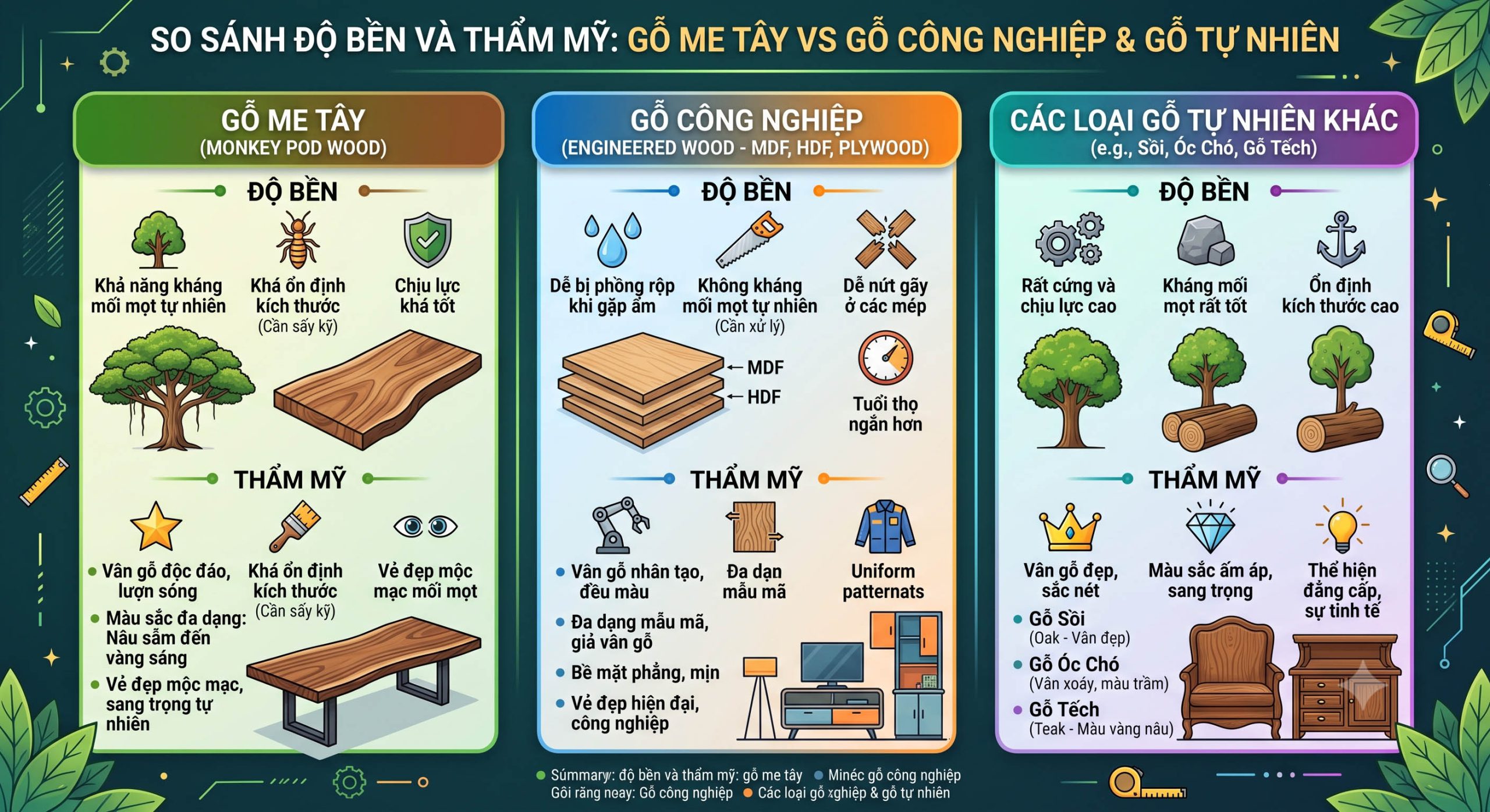 so sánh bàn gỗ me tay với gỗ khác