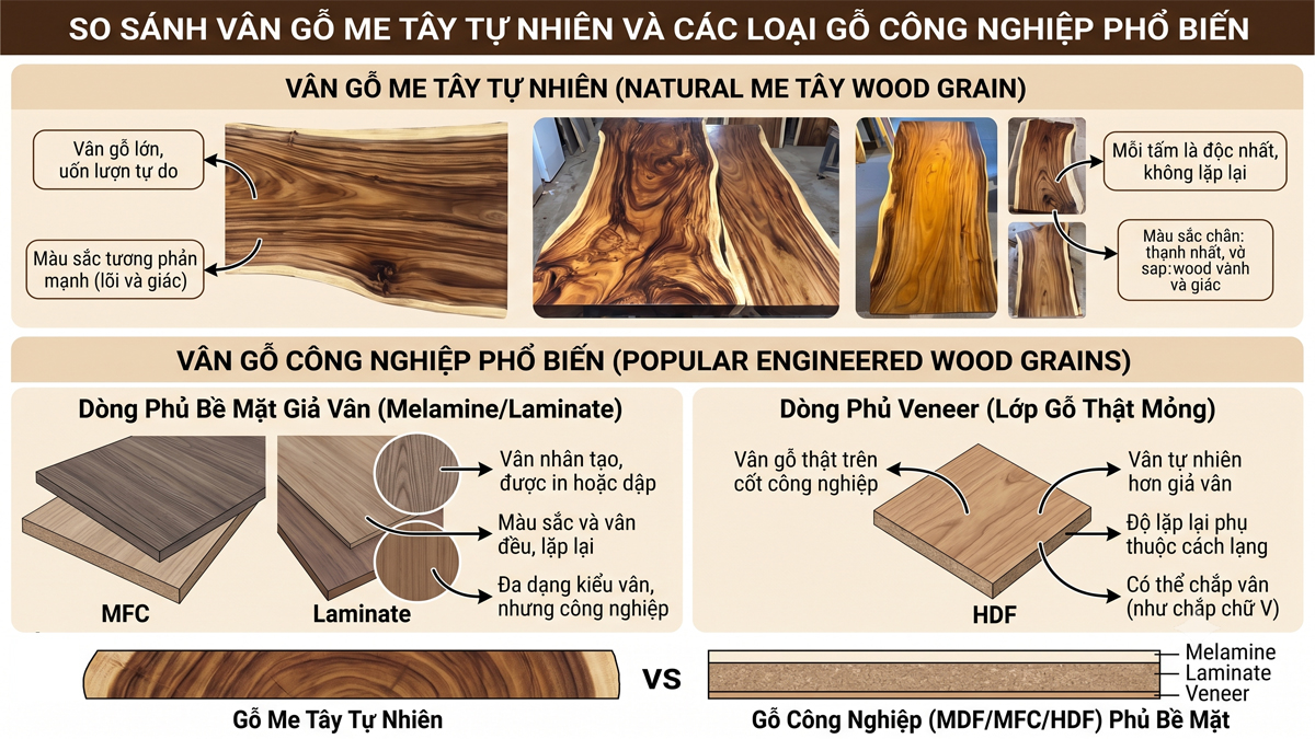 So sánh vân gỗ me tây tự nhiên và các loại gỗ công nghiệp